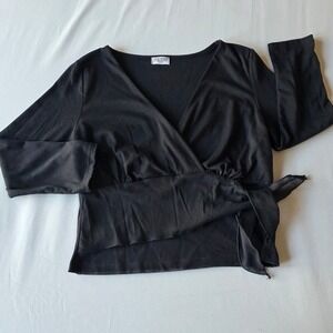 Venus‎ USA Y2K small Black Wrap Top 3/4 Sleeve Tie Waist Blouse Casual Women's